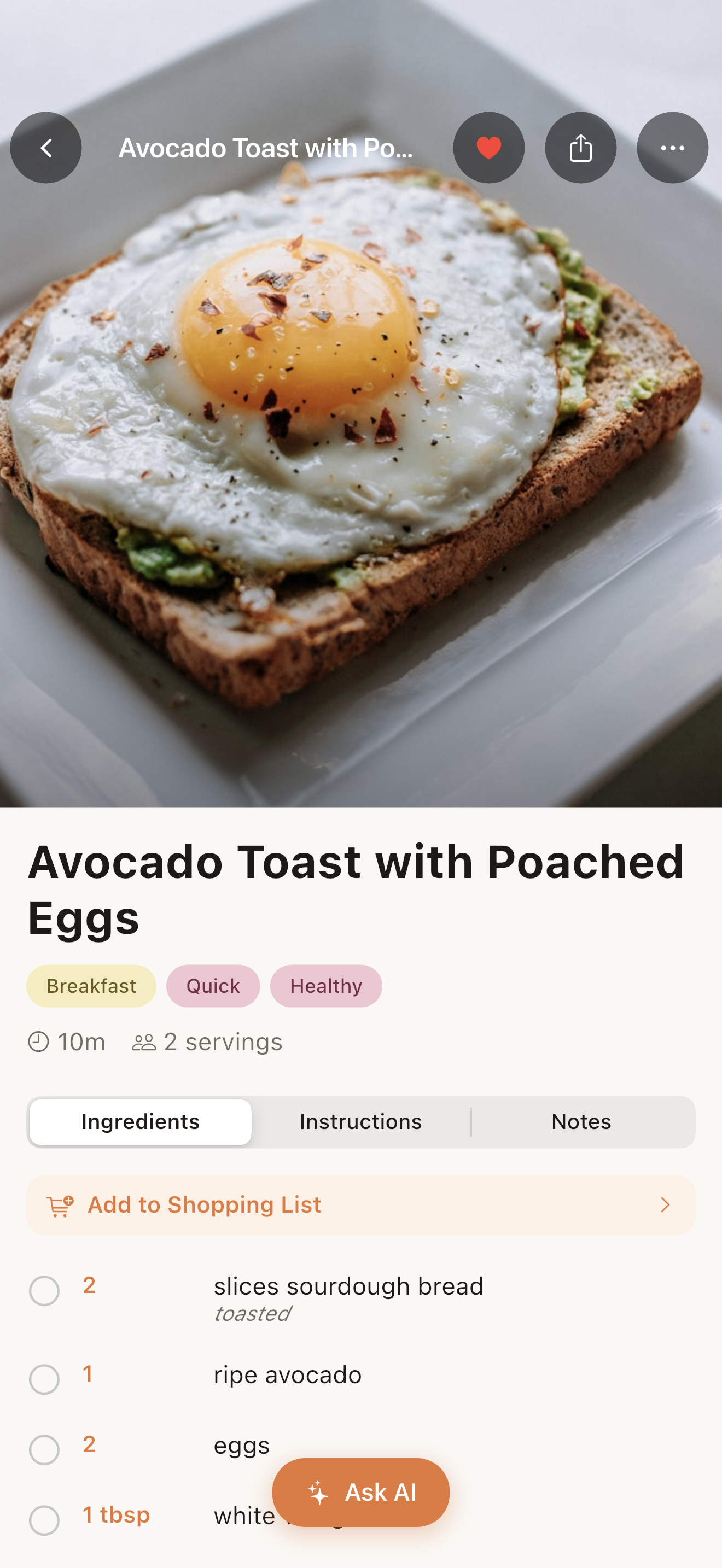 Recipe detail view with ingredients and instructions